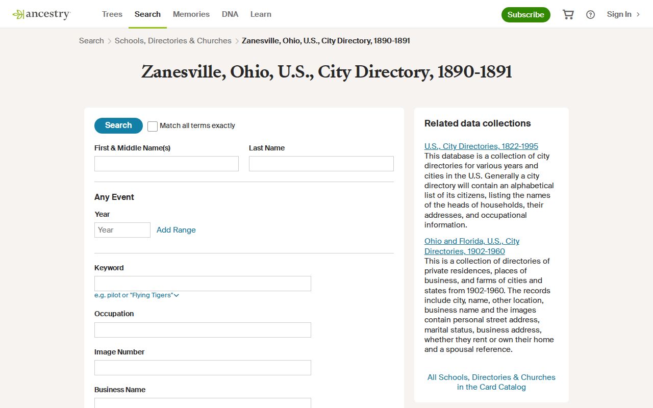 Zanesville city directory 1890-91 collection search screen