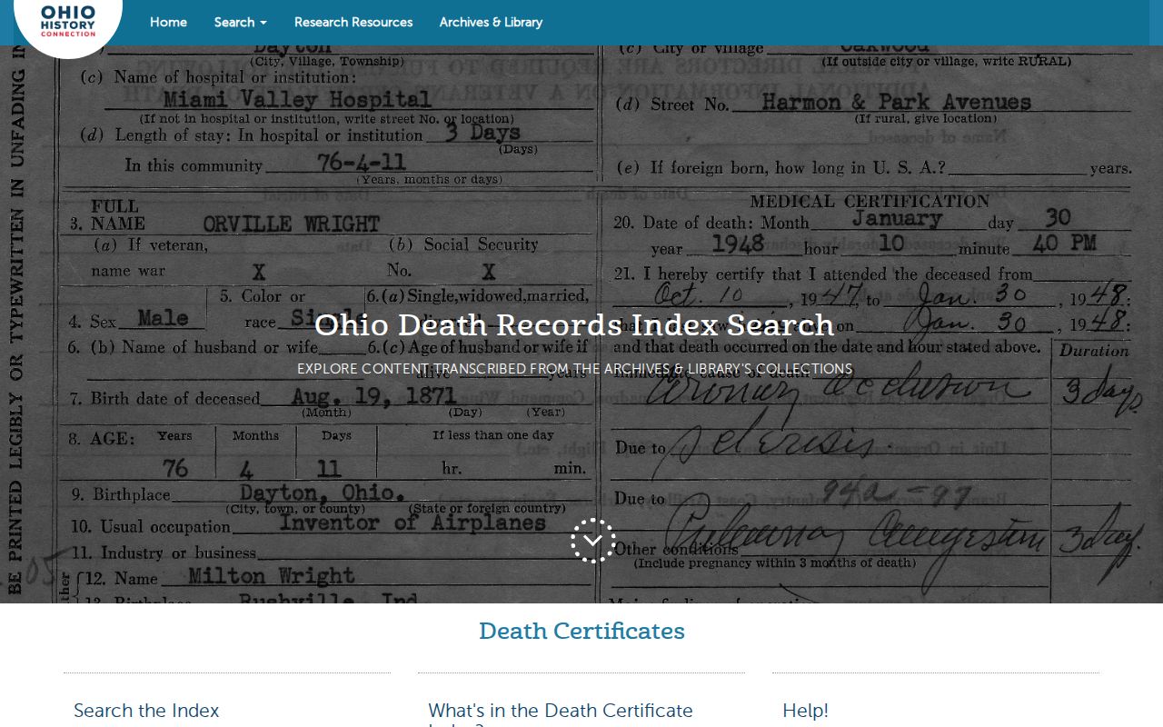 Zanesville previous residents Ohio historical death index