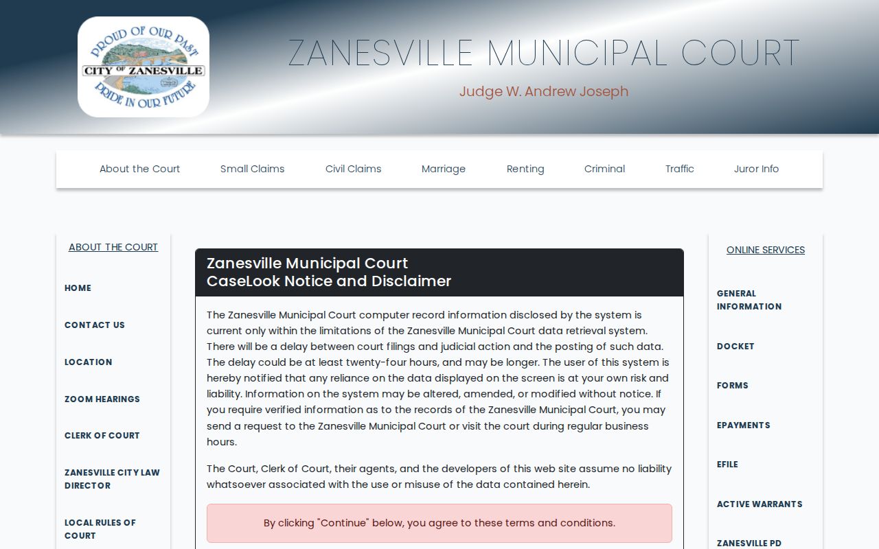 Zanesville resident lookup Municipal Court party and case search